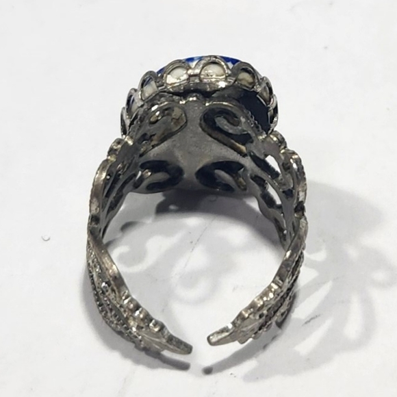 Vtg Silver Tone Filigree Blue Porcelain Flower Ring Open Back - Picture 4 of 4